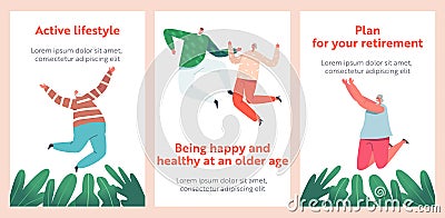 Happy Seniors Cartoon Banners. Old People Jumping with Raised Hands. Elderly Men and Women Joy and Happiness Vector Illustration