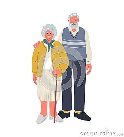 Happy seniors people.Man with bart,woman with cane.Very old people.Vector flat Vector Illustration