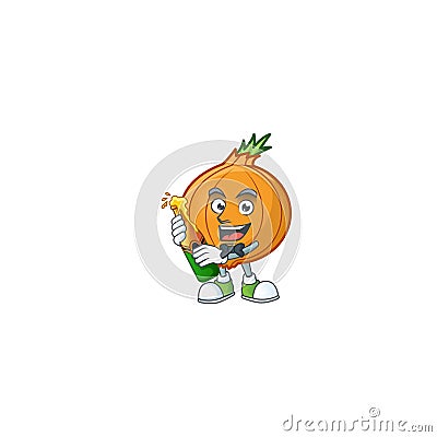 Happy shallot with beer cartoon character design Vector Illustration