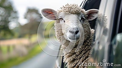 Happy sheep eeking out of a car window, relishing the scenic ride Stock Photo