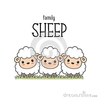 Happy sheep family on the grass. Vector Illustration