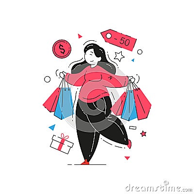 Happy shopaholic female carrying paper shopping bag enjoying sale discount vector flat illustration Vector Illustration