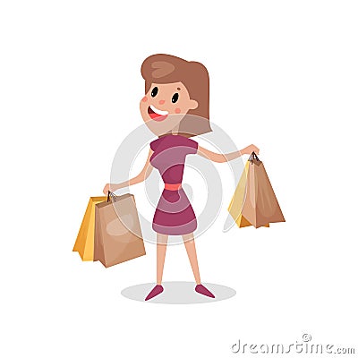 Happy shopaholic girl with paper shopping bags, harmful habit and addiction cartoon vector Illustration Vector Illustration