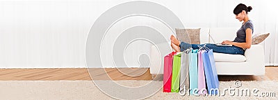 Happy Shopper Woman Shopping Online Stock Photo