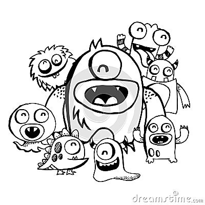 Happy Silly Cute Monsters Group Doodle Vector Illustration