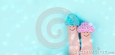 Happy, similing face on finger, couple cuddle together, support, relationship and friendship concept, valentines day Stock Photo