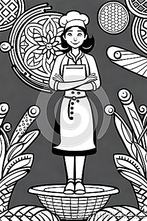 A happy similing woman making food in the kitchen Cartoon Illustration