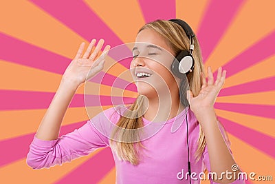 Happy singing teenage girl with headphones over geometric background Stock Photo