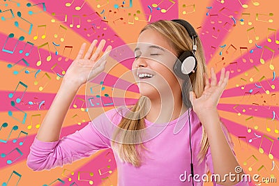 Happy singing teenage girl with headphones over geometric background with musical notes Stock Photo