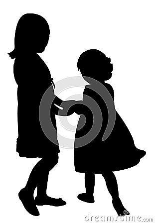 Happy sisters playing, silhouette vector Vector Illustration