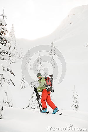 happy skier in bright jacket is climbing the hill using skitour equipment. Stock Photo