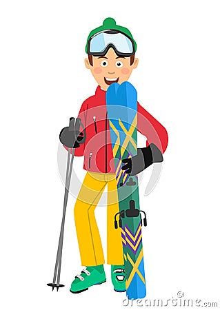 Happy skier wearing red jacket, green hat and goggles holding skis and poles standing over white background Vector Illustration