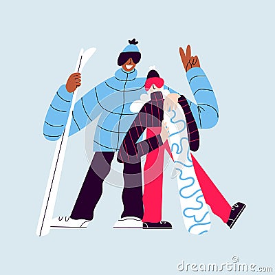 Happy skiers isolated. Woman and man in warm clothes with skis and snowboard. Smiling people in ski suits posing for a Vector Illustration