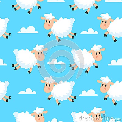 Happy sleeping sheeps fabric background. Dreamy woolly lamb or sheep cartoon seamless illustration Vector Illustration