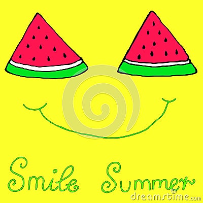 Happy sliced slices watermelon, joyful smile, isolated yellow b Vector Illustration
