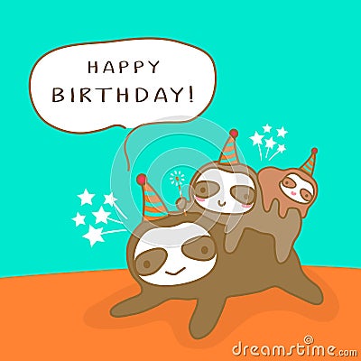 Happy Sloth family cartoon, Humor Birthday card design Vector Illustration