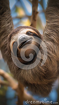 Happy Sloth hanging on a tree. Stock Photo