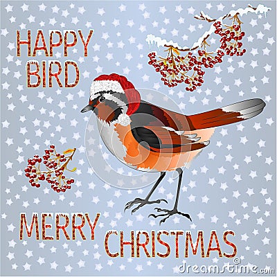 Happy small bird Black Redstart Santa Merry Christmas and New yar and lettering and snow vintage vector illustration editable Vector Illustration