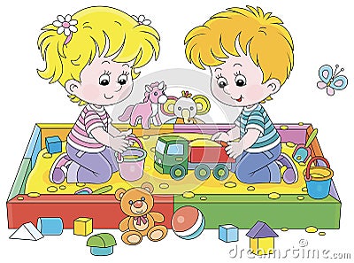 Happy small children playing in a sandbox Vector Illustration