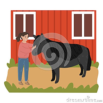 Happy small girl standing and petting black pony on farm Vector Illustration