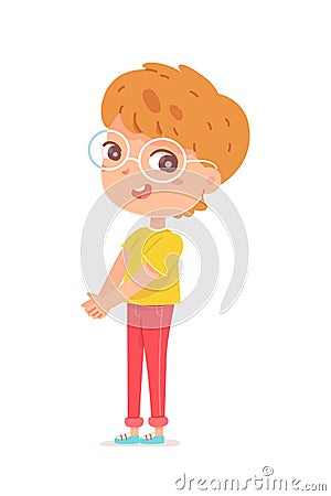 Happy smart boy in glasses standing. Joyful smiling little child talking. Positive emotion and fun vector illustration Vector Illustration