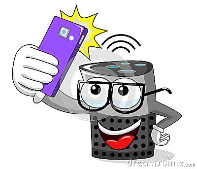Happy smart speaker cartoon funny character selfie smartphone photo isolated Vector Illustration