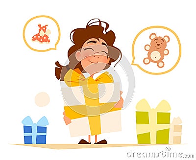 Happy smile cute little girl and big gift box Vector Illustration