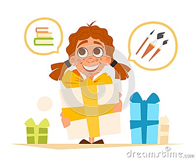 Happy smile cute little girl and big gift box Cartoon Illustration