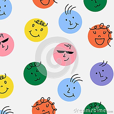 Happy smile face seamless pattern. Cute funky background with circle hand drawn emoticon elements for kids. Vector art Vector Illustration