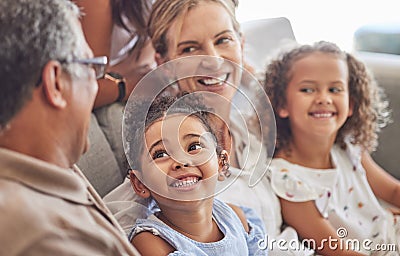 Happy, smile and family relax on living room couch and talking, conversation and doing a catch up. Love, diverse Stock Photo