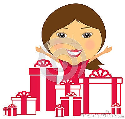 Happy smile girl with many gift box Vector Illustration