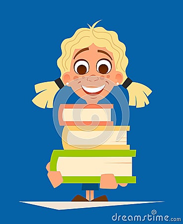 Happy smile little girl schoolgirl holding pile of books Vector Illustration