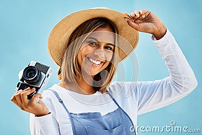Happy, smile and photographer with portrait of woman and camera for creative, retro and shooting photos. Fashion Stock Photo