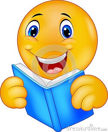 Happy smiley emoticon reading book Vector Illustration