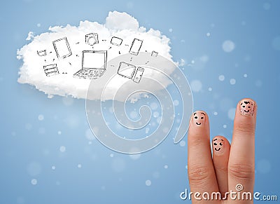 Happy smiley fingers looking at cloud computing with technology Stock Photo