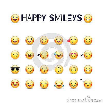 Happy smileys vector icon set. Joy emoticons pictograms collection. Happy round yellow smileys. Laughing, joyful, in Vector Illustration