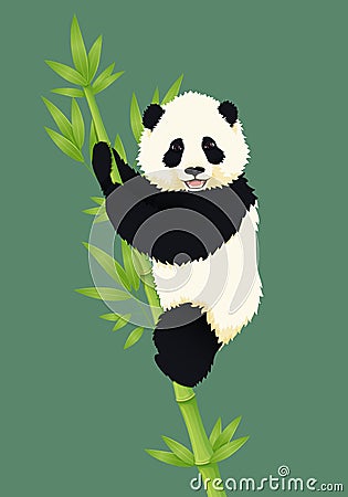 Happy smiling baby giant panda climbing green bamboo tree. Black and white chinese bear cub. Vector Illustration