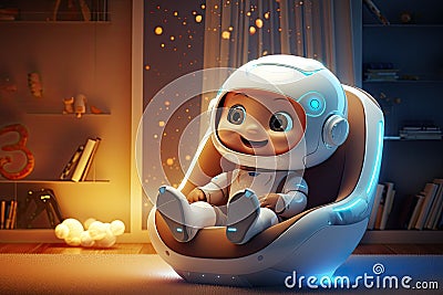happy smiling baby robot in cozy childs room in fictional future AI generated Cartoon Illustration
