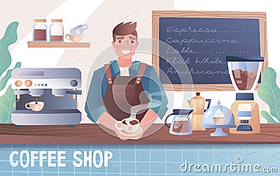 Happy smiling barista in a coffee shop Vector Illustration