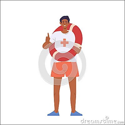 Beach lifeguards professional worker cartoon character wearing swimsuit holding ring lifesaver buoy Vector Illustration