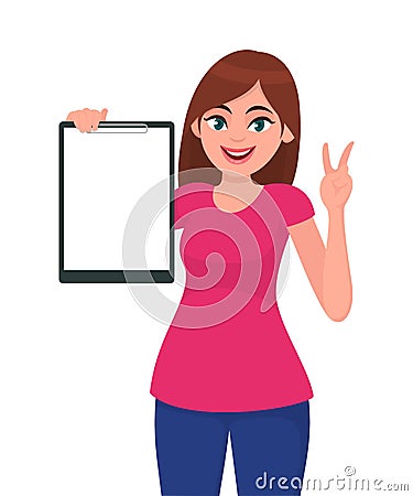 Happy smiling beautiful young woman holding / showing a blank clipboard and gesture hand victory, V or peace sign. Vector Illustration