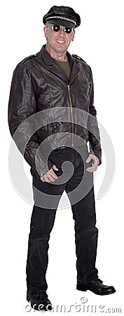 Happy Smiling Biker, Motorcycle Rider Isolated Stock Photo