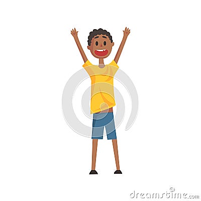 Happy Smiling Black Boy Screaming And Cheering,Part Of Family Members Series Of Cartoon Characters Vector Illustration