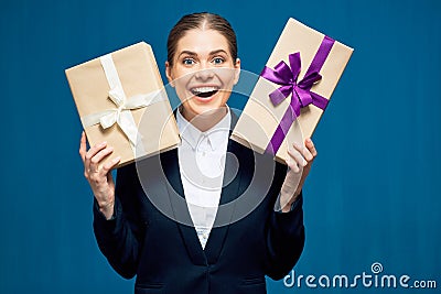 Happy smiling business woman holding gift boxes. Stock Photo