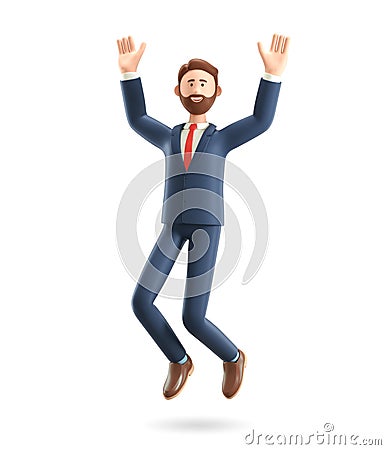 Happy smiling businessman jumping celebrating success. 3D illustration of cartoon winning male character with his hands in the air Cartoon Illustration