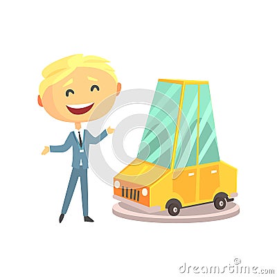 Happy smiling car sales consultant at new car showroom. Colorful character vector Illustration Vector Illustration