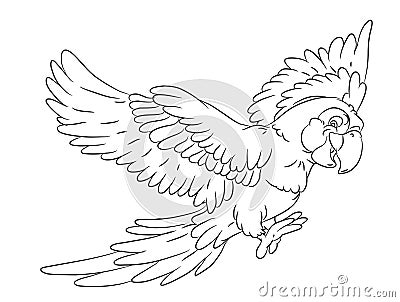 Happy smiling cartoon flying parrot coloring page Cartoon Illustration