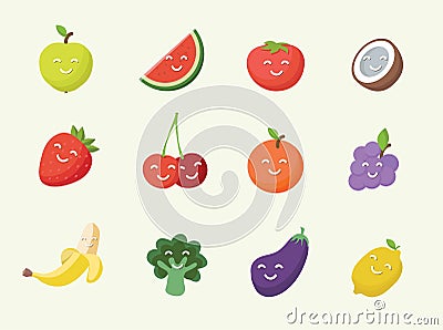 Happy smiling cartoon fruits icon. Vector Illustration