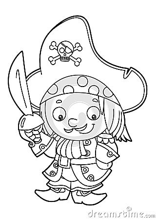 Happy smiling cartoon medieval pirate standing with big sword rate standing with big sword vector coloring page forvector coloring Vector Illustration