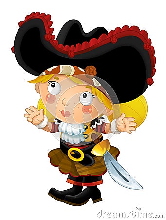 Happy smiling cartoon medieval pirate woman standing smiling with sword on white background Cartoon Illustration